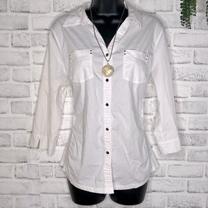 Cathy White Button Down Shirt 3/4 Sleeve Heavy Material Size Medium